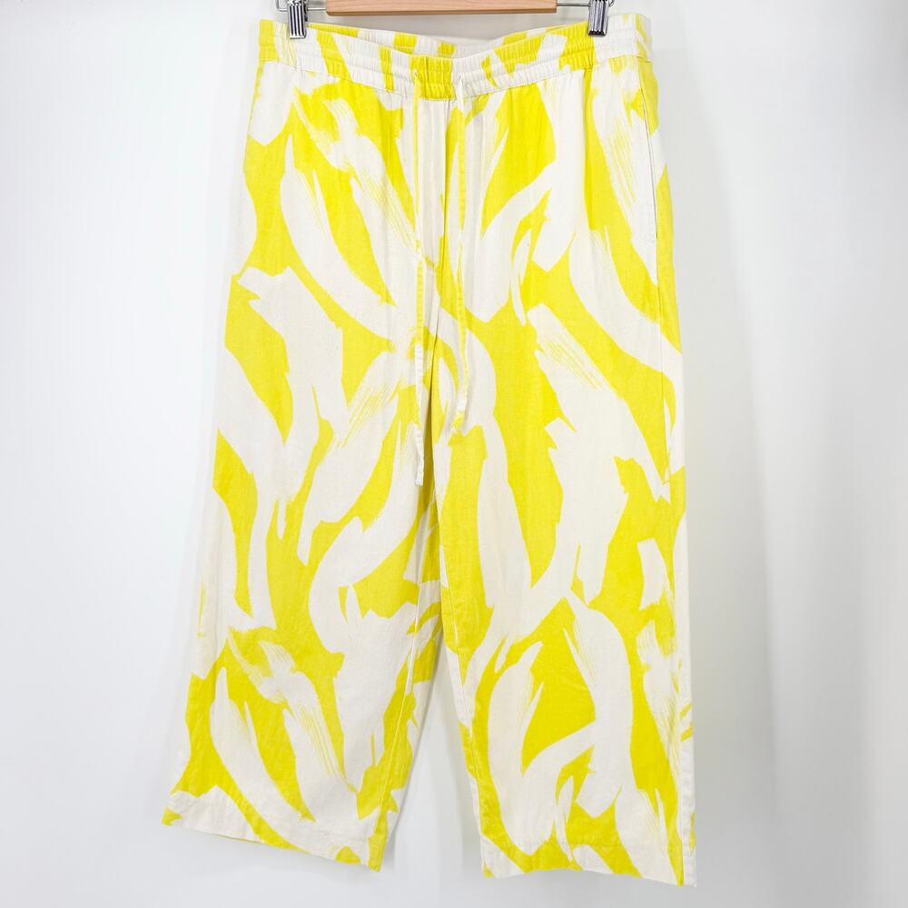 DKNY Linen Blend Wide Leg Crop Pants Yellow White Abstract Print Medium - Picture 9 of 12
